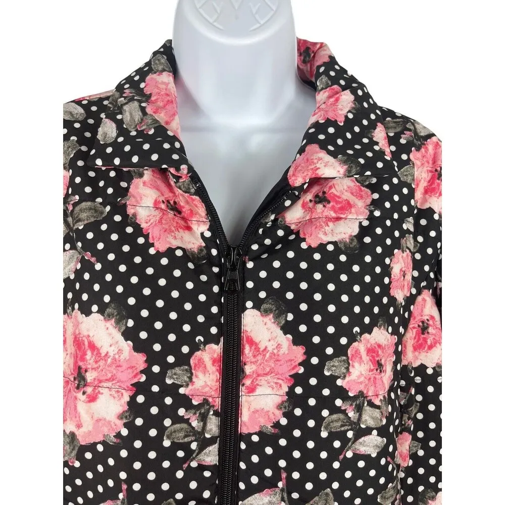 Chico’s Black Polka Dot Pink Floral Lightweight Puffer Full Zip Sz 3 (L) Coat - Image 2