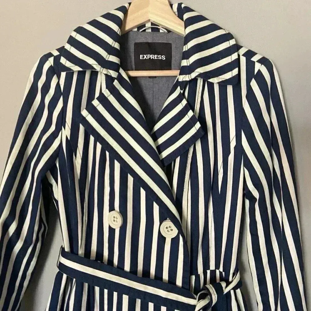Express Women's‎ S Blue White Striped Pleated Back Trench Coat Size Small Preppy - Image 2
