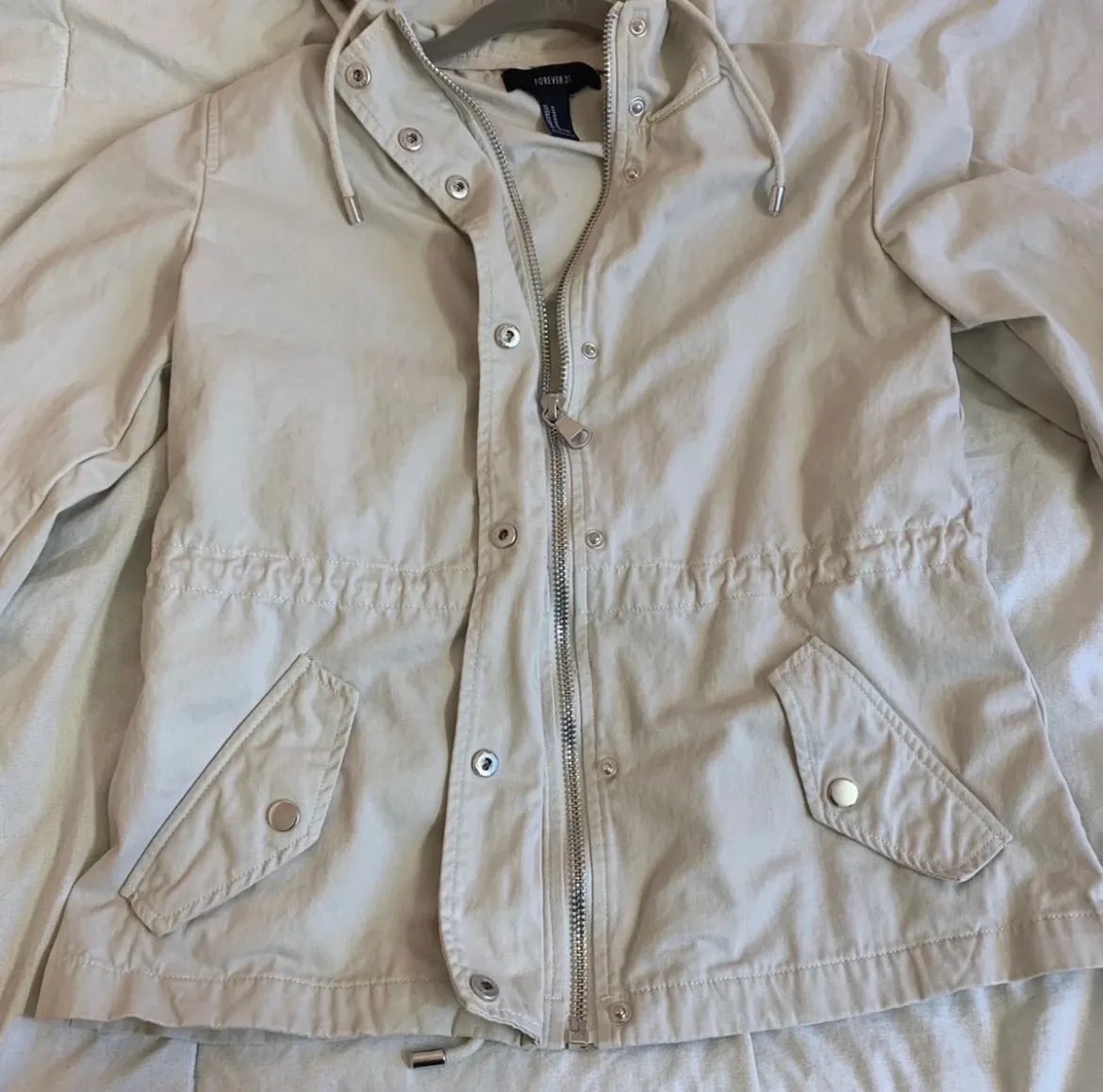 F21 Oatmeal Cream Neutral Beige Anorak Utility Cotton Jacket Size Medium With Hood - Image 4