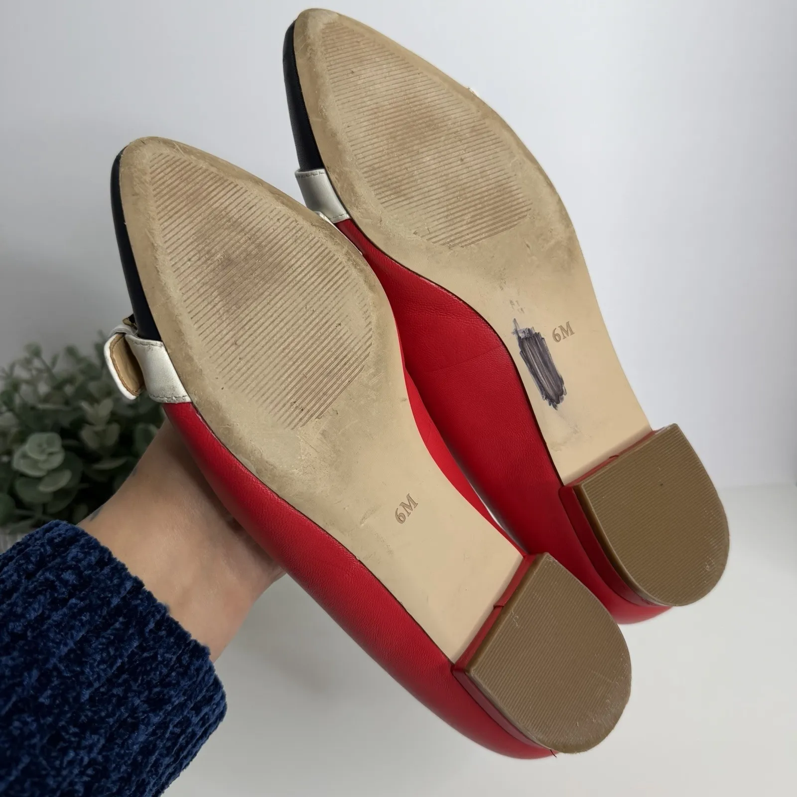 Talbots Edison Buckle Flats Red Navy White Leather Pointed Toe Size 6M - Image 6