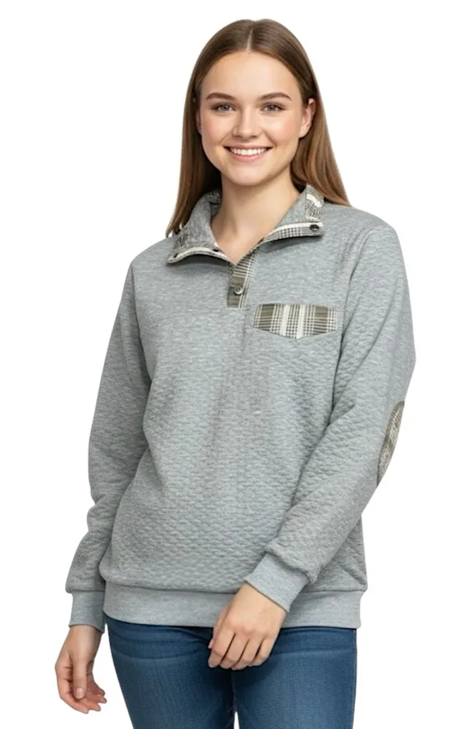 Grey Quilted Sweatshirt Green Plaid Elbow Patches Size XL Gray - Image 1