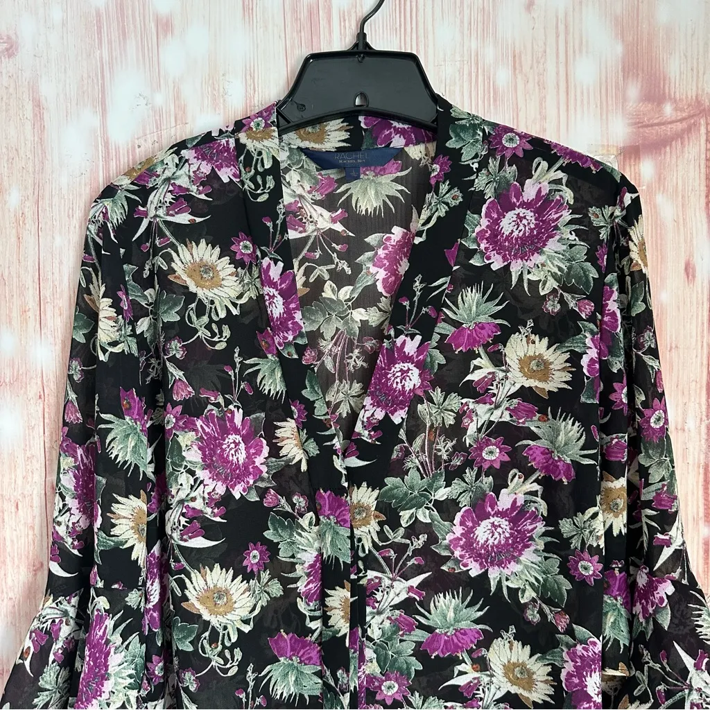 RACHEL Rachel Roy Black Button Front Purple Floral Print Sheer Blouse Size L - Image 4