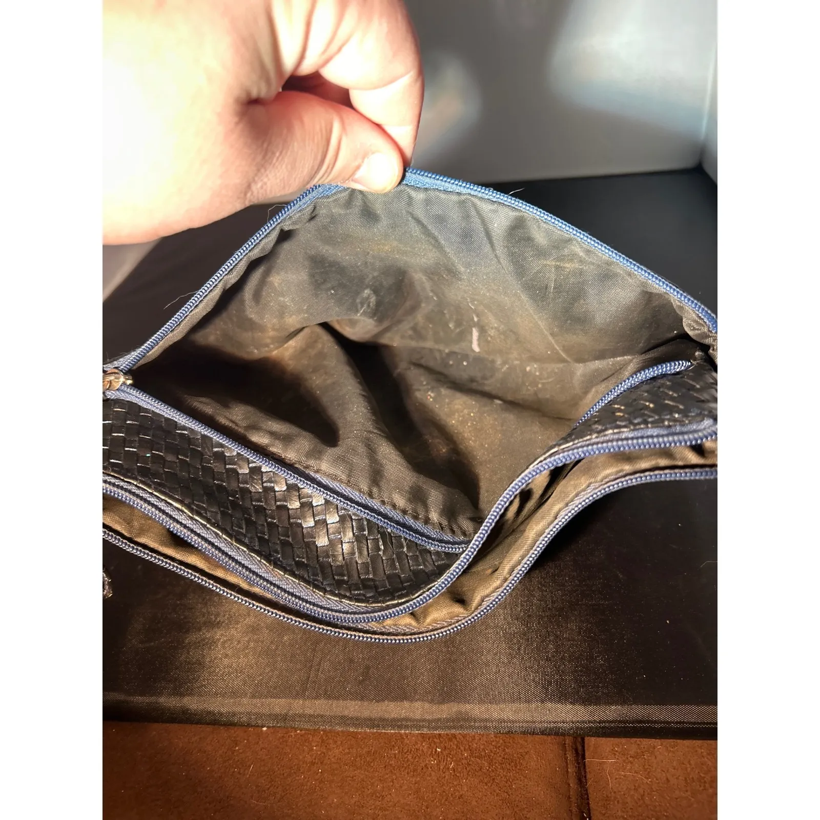 Tahari Black Woven Faux Leather Cosmetic Bag Pouch Zipper Closure - Image 4