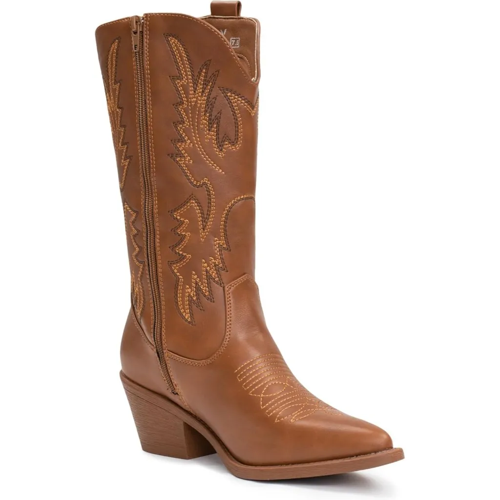Women's Brown Embroidery Western Cowgirl Boots Pull On Pointy Toe Mid Calf Size 6 - Image 3
