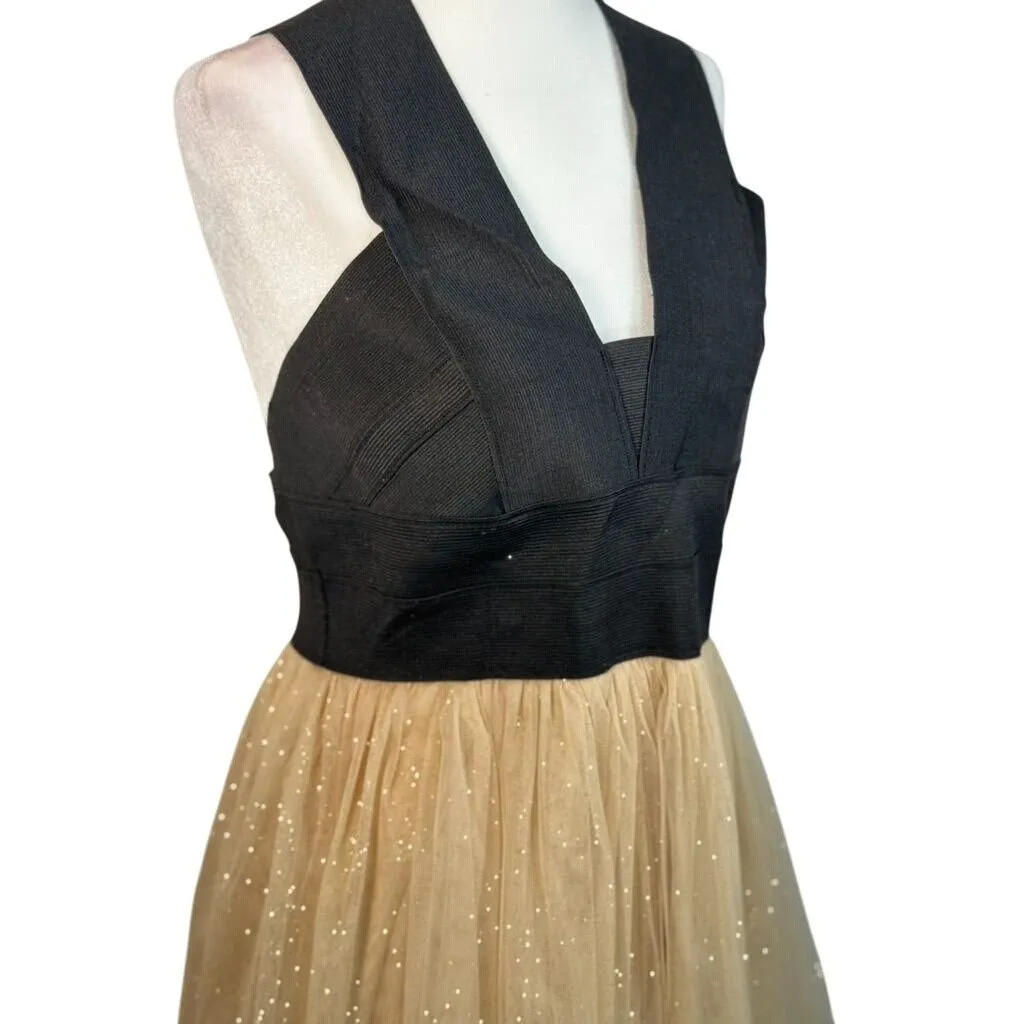 Black & Gold Windsor Backless Party Dress With Glitter Tulle Overlay Size L - Image 4