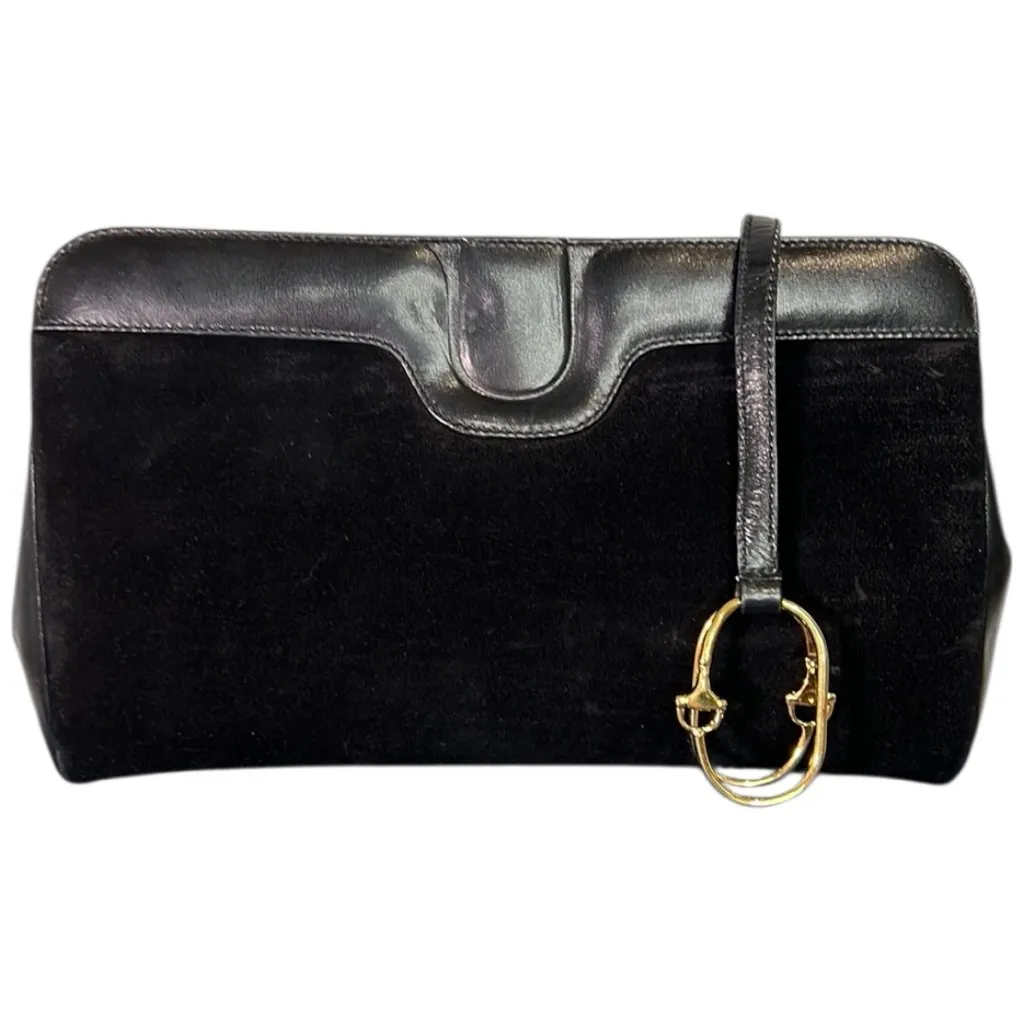 Gucci Vintage Clutch Gold Tone Clip Closure Black Suede leather COA - Image 9