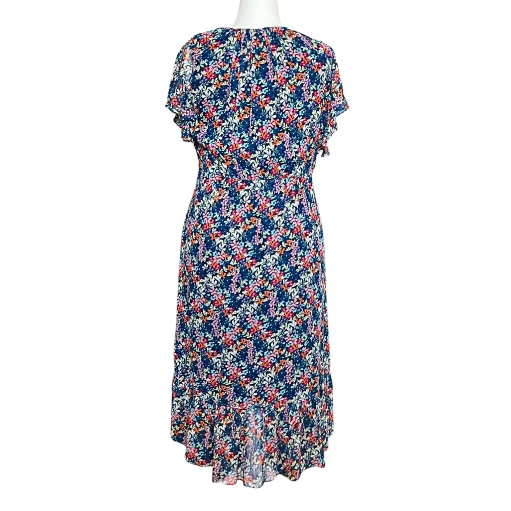 100% Silk Shoshanna Blue Colorful Floral Asymmetrical Fairy Midi Dress Large 12 - Image 5