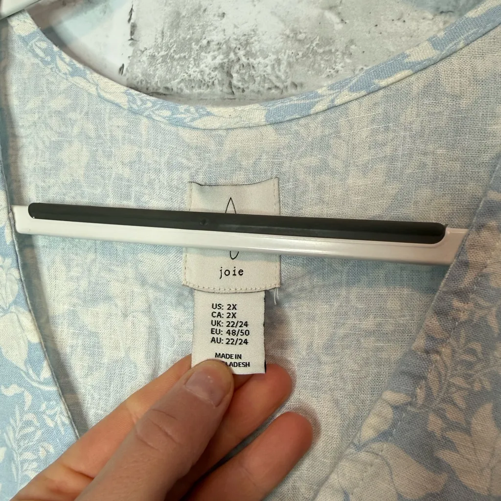 Joie Blue & White Button Down VNeck Linen Shirt Cottagecore Women's 2XL - Image 3