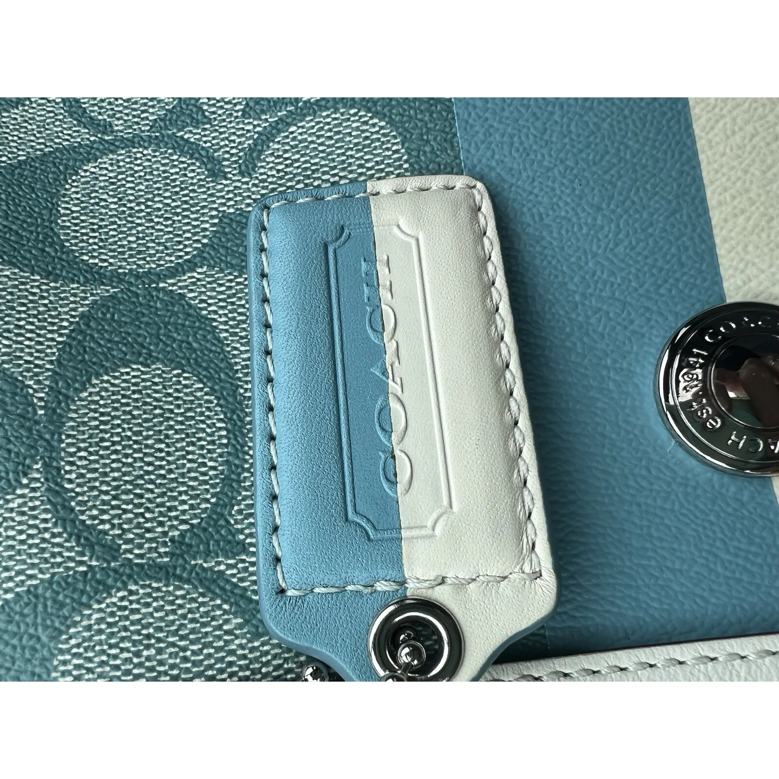 Coach Signature C Monogram Canvas Leather Trim Boston Bag Teal Cream Blue - Image 11