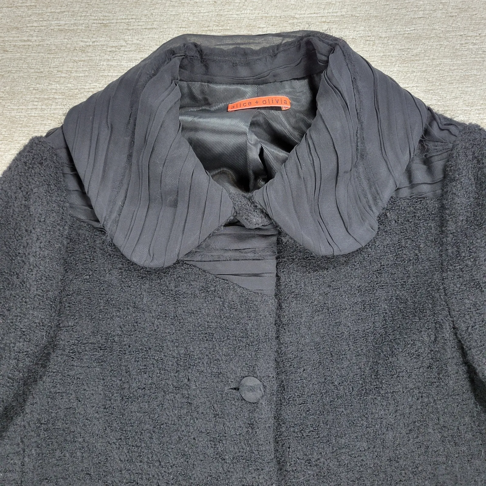 Alice + Olivia Boucle Wool Jacket Womens M Black Silk Crepe Trim Cropped Buttons - Image 10