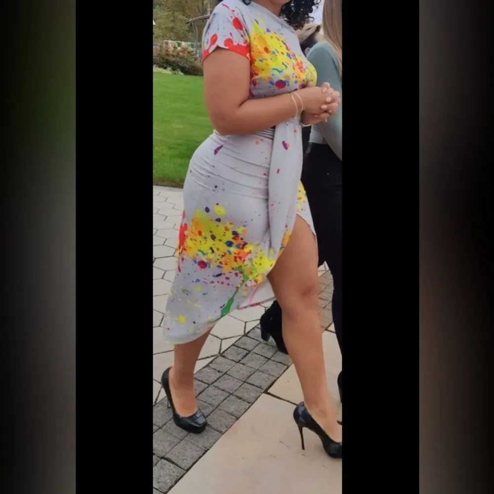 NEW Sexy Paint Splattered Midi Dress Gray Size M - Image 5