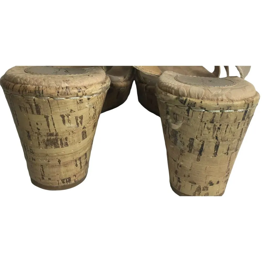 Womens Browns Landing Sicily Champagne Gold Leather Flower Cork Wedge Sandals 7M Size 7 - Image 7