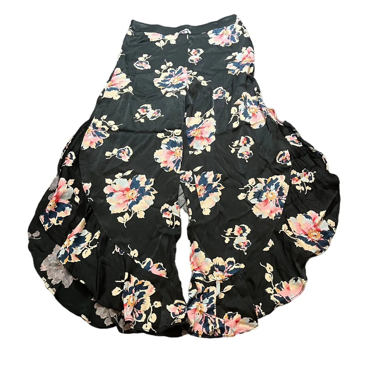 Anthropologie Elevenses Floral Tansy Ruffle Pants Size 4 Black Satin‎ Wide Leg - Image 2