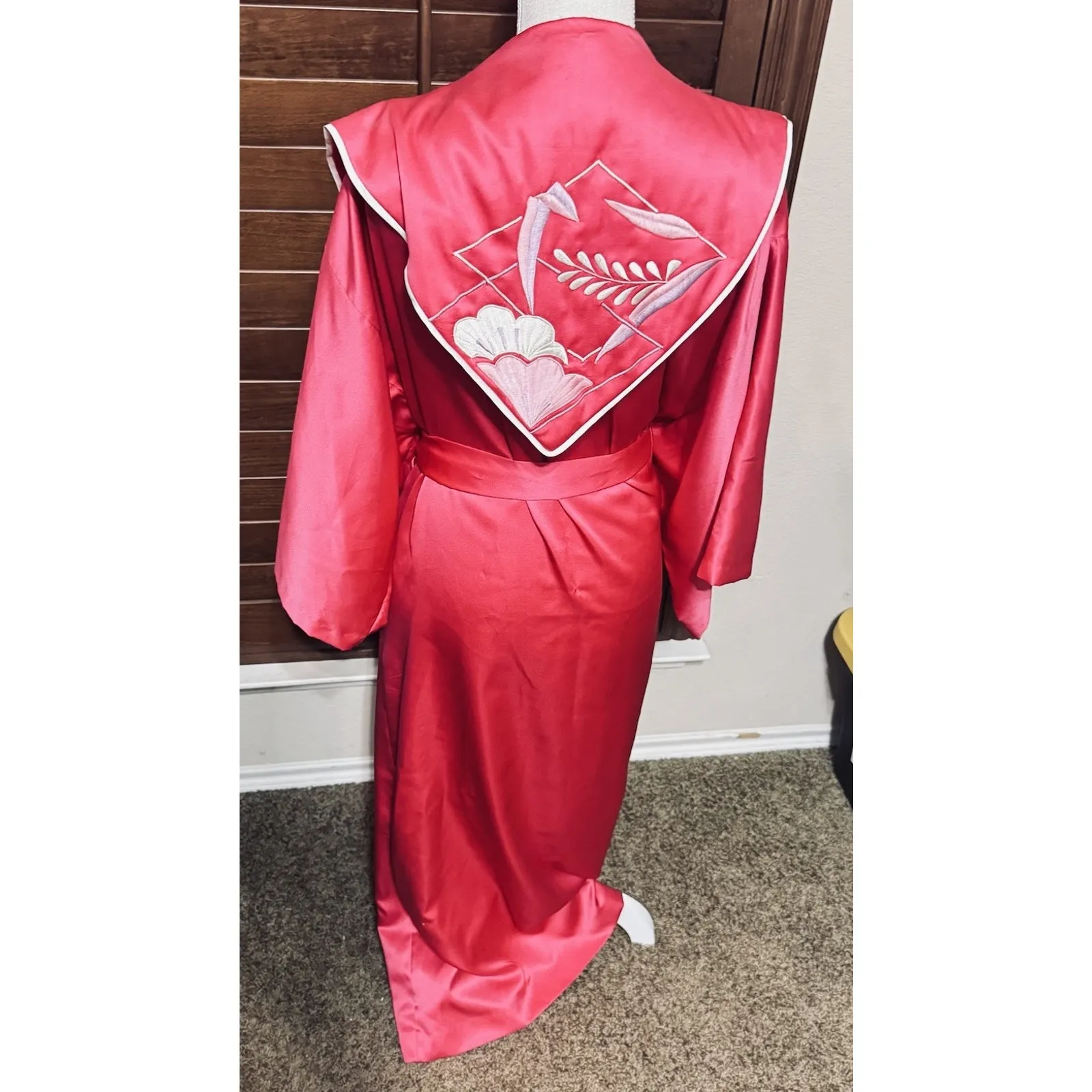 Vintage 80s Natori Satin Robe Long Elegant Asian Inspired Sz Large Belted - Image 7