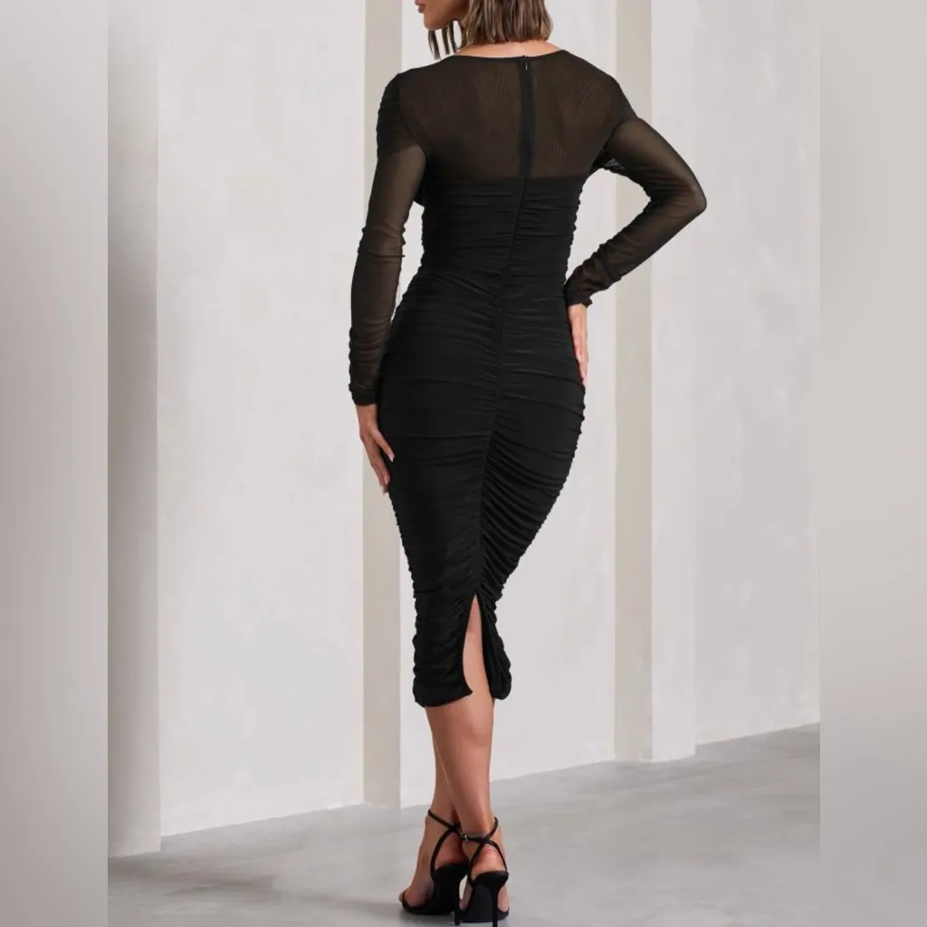NWT Club L London Between The Lines Black Ruched Mesh Bodycon Midi Dress 8 FLAW - Image 2