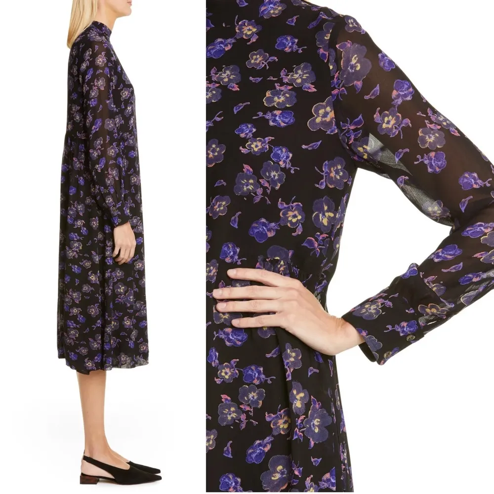 Ganni • Floral Print Georgette Midi Dress black purple flowy chiffon high neck - Image 10