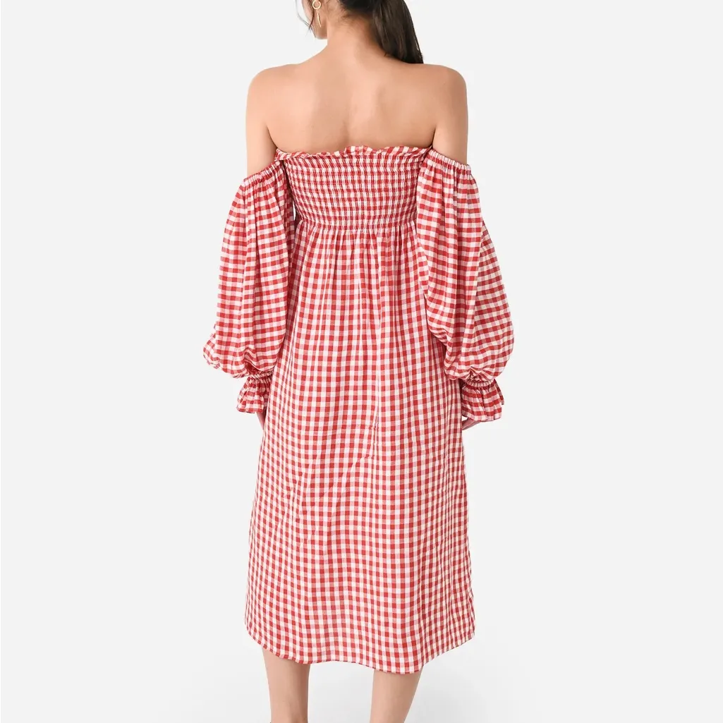 Sleeper Atlanta Linen Gingham Midi Dress Off Shoulder Red Size XS - Image 6
