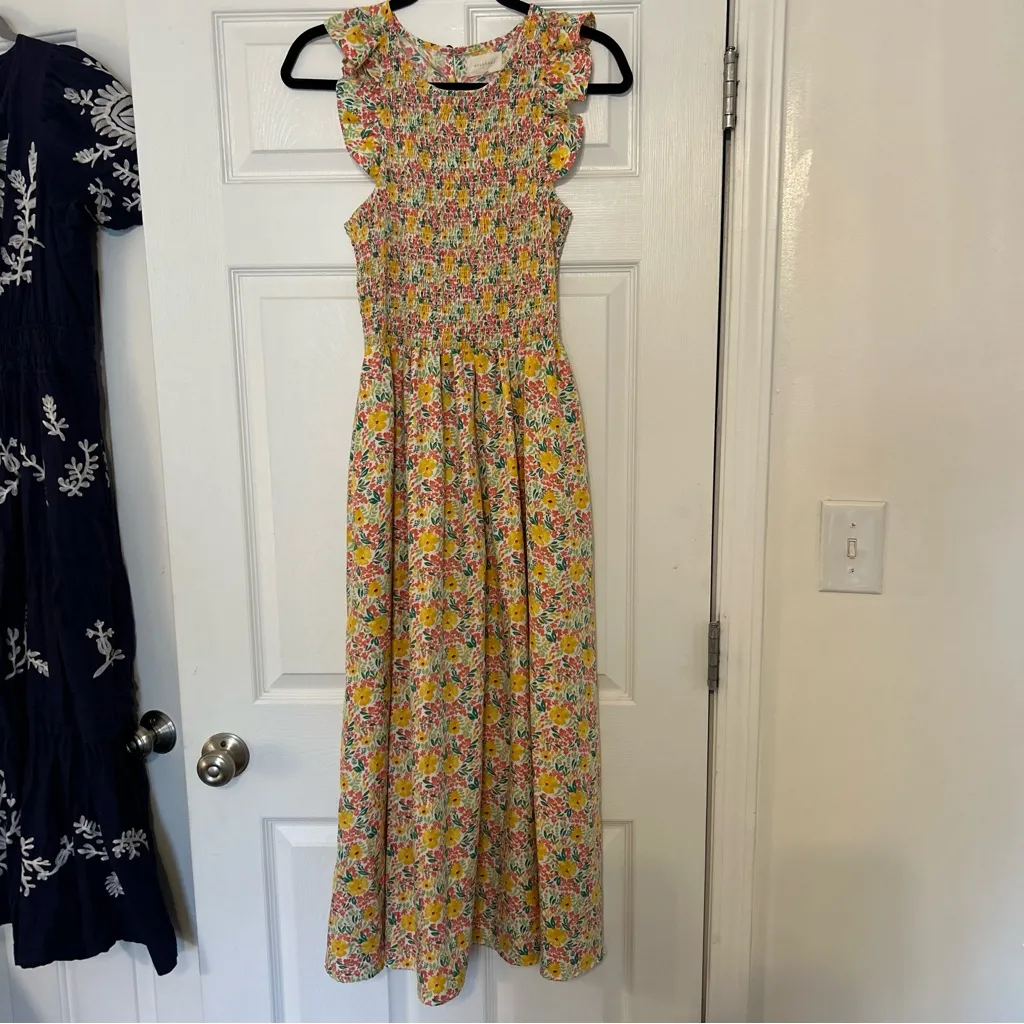 Melloday Yellow Floral Floral Smocked Bodice Midi Dress Women's M - Image 3