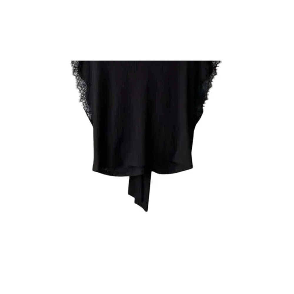 Zara Sheer Cropped Scalloped Lace Trim Top V Neck Knot Waist  Cap S Black #3081 - Image 6
