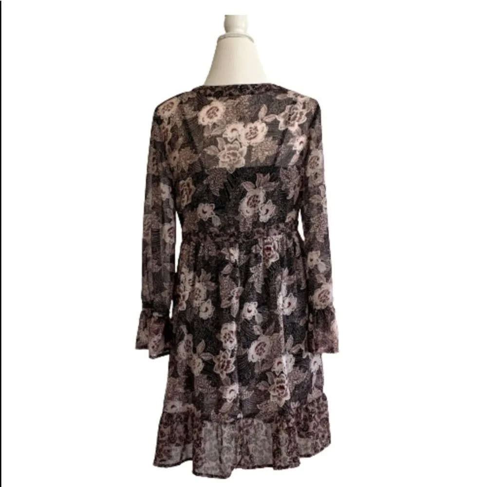 Knox Rose Dress Black Pink Floral Sheer Bell Sleeve Boho Dress Size XS - Image 5