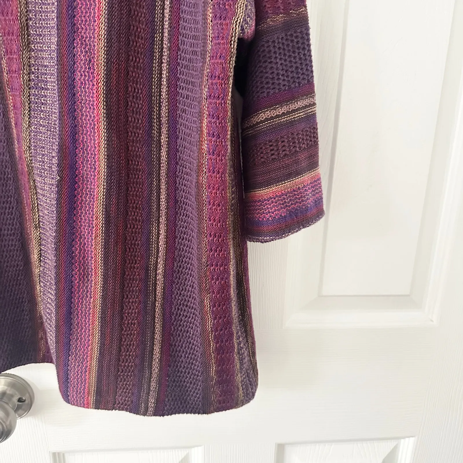 Chaps Vtg Native Boho Purple Stripe Faux Leather Stitch Neck Poncho Sweater 1X - Image 5
