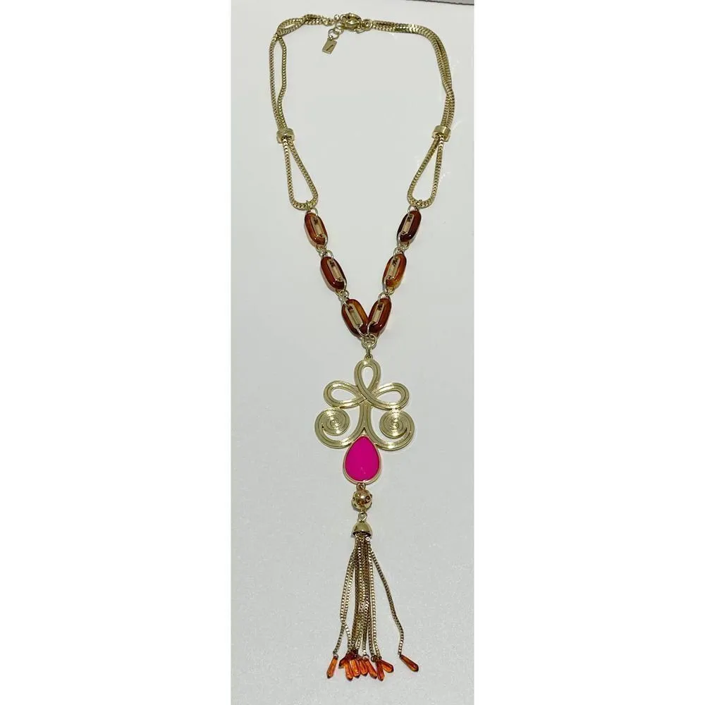 Lilly Pulitzer Boho Lariat Necklace Gold‎ Tone Chain Pink Stone Tassel Pendant - Image 6