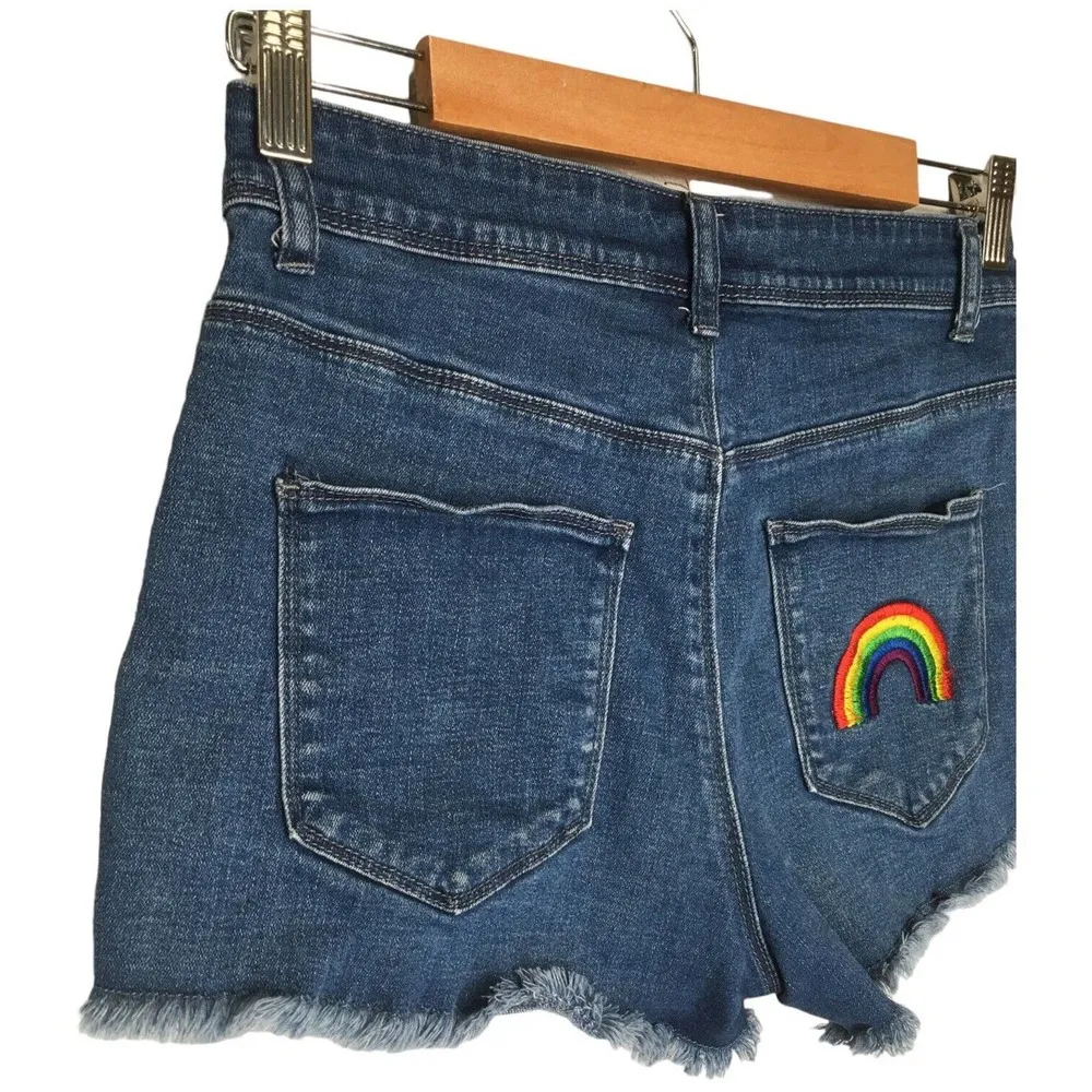 ModCloth Womens Small Jean Shorts Raw Hem High Rise Rainbow Embroidery Blue - Image 6