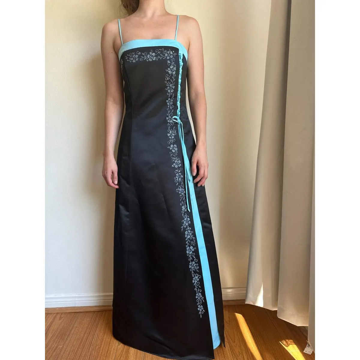 Black and Blue Floral Trim Ribbon Formal Ball Gown - Image 2