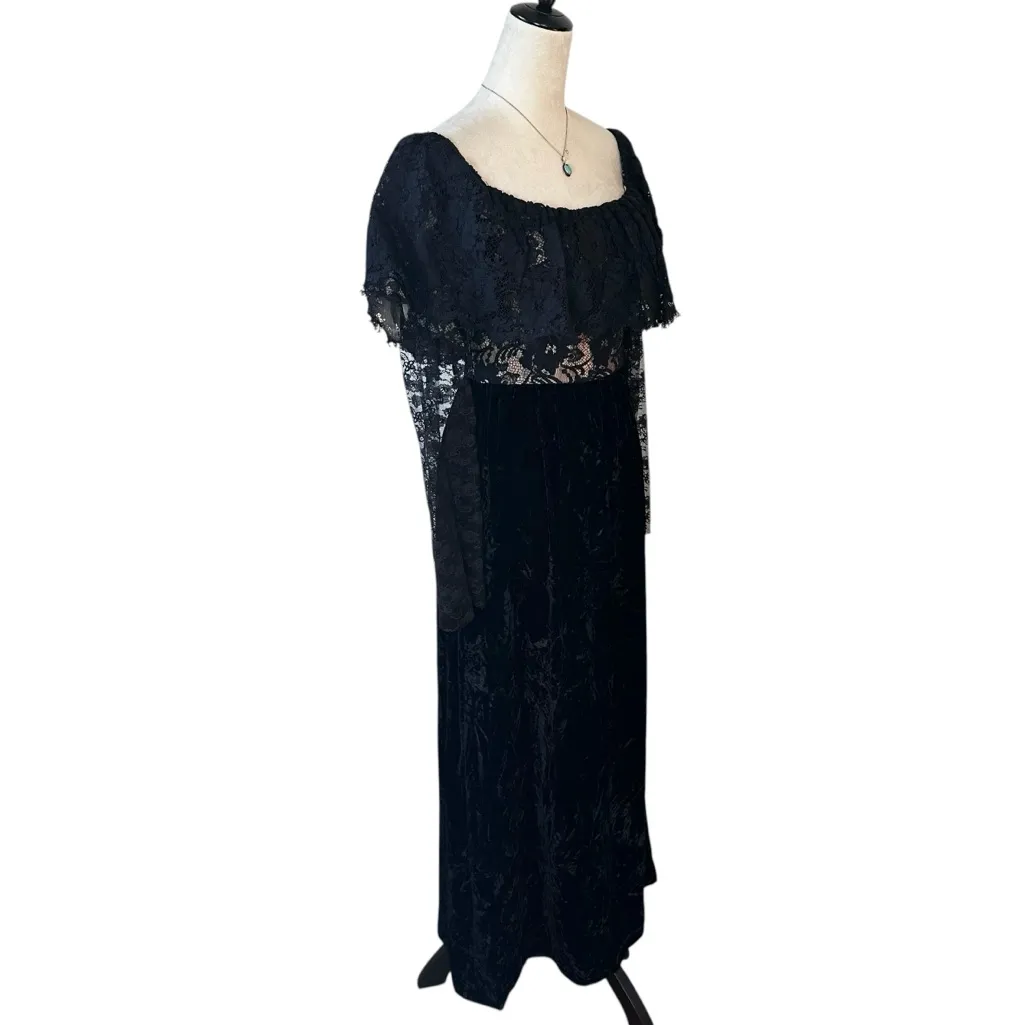 Vintage Lee Jordan Black Velvet Sheer Lace Off Shoulder Maxi Dress Holiday Goth Size XS - Image 4