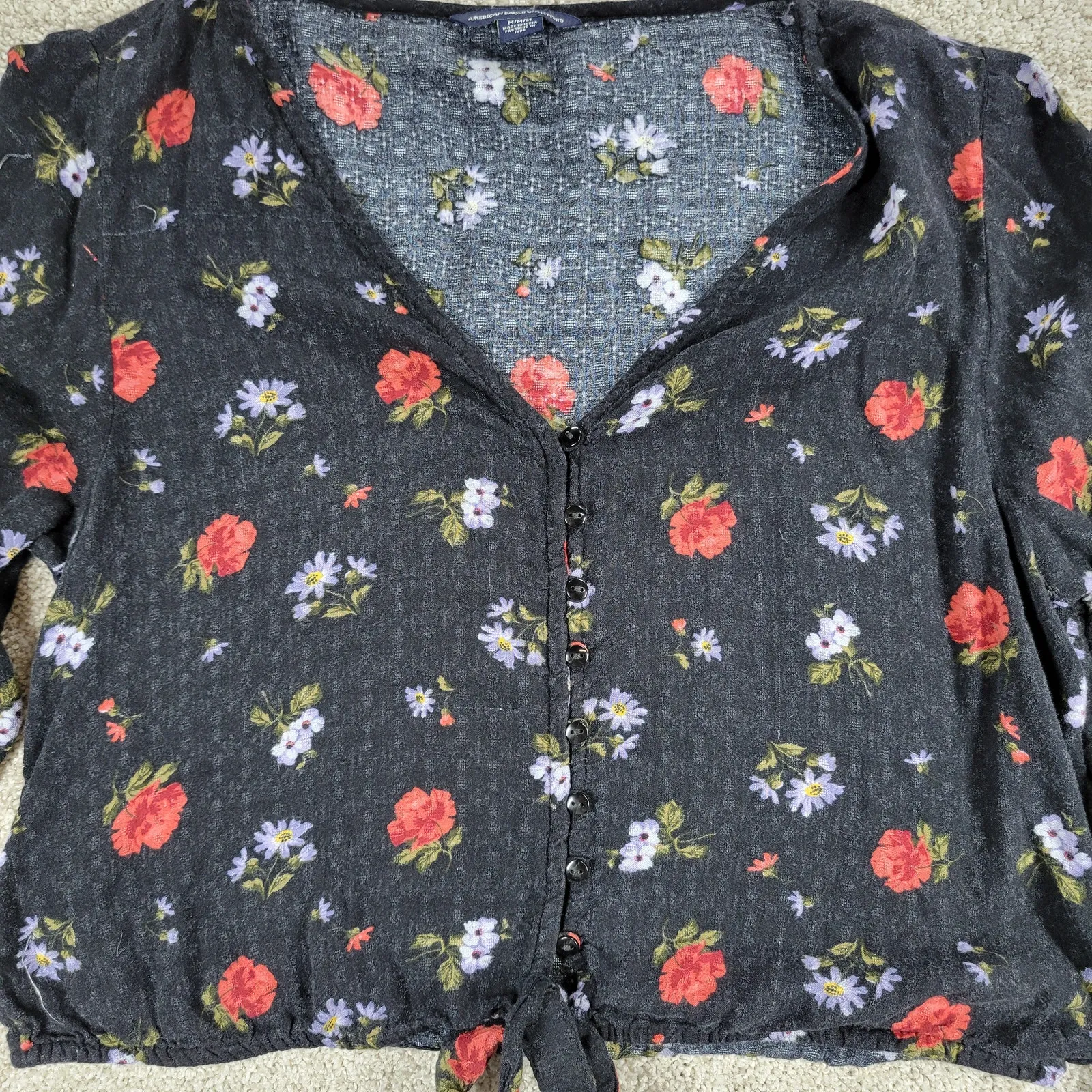 American‎ Eagle Outfitters Cropped Top Womens M Black Floral Button Ties Flowy - Image 11