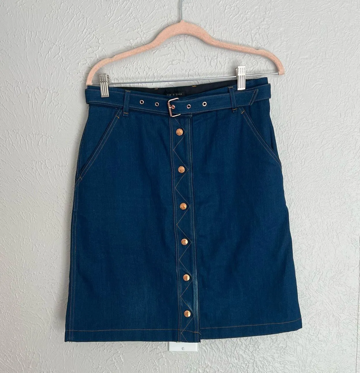 Rag and bone denim rose gold button down belted midi pencil skirt 8 - Image 9