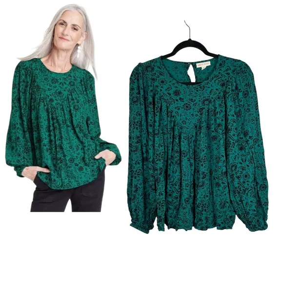 Knox Rose Forest Green Patterned Long Sleeve Flowy Blouse Size Medium - Image 2