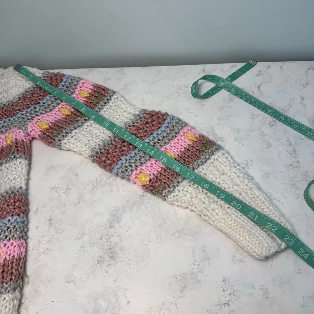 Handmade Knit White Pink Striped Crew Neck Sweater S Flowers - Image 7