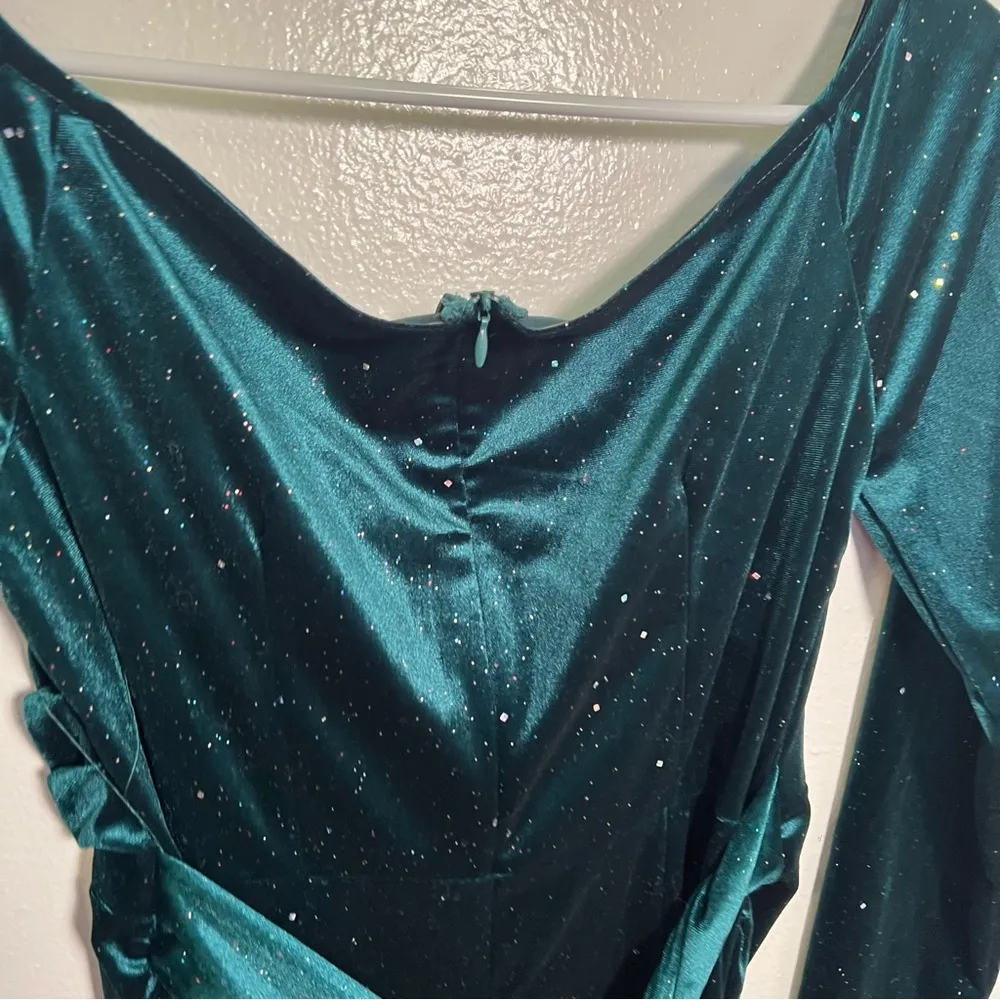 Off Shoulder Velvet Dress Emerald Green Rhinestones L Size L - Image 10