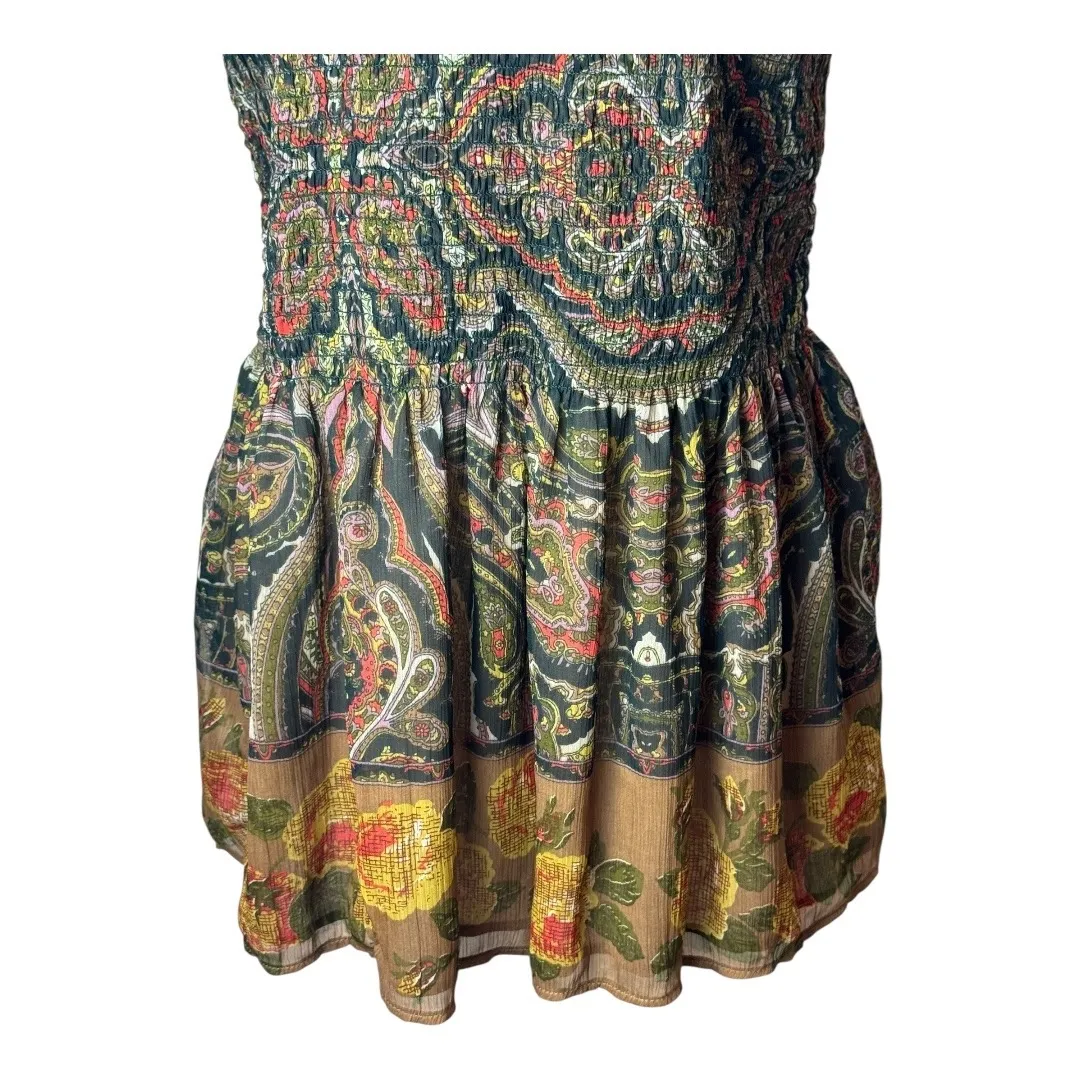 Free People Shirt Women Medium‎ Tan Green Floral Peplum Hem Top Cottage Bohemian - Image 6