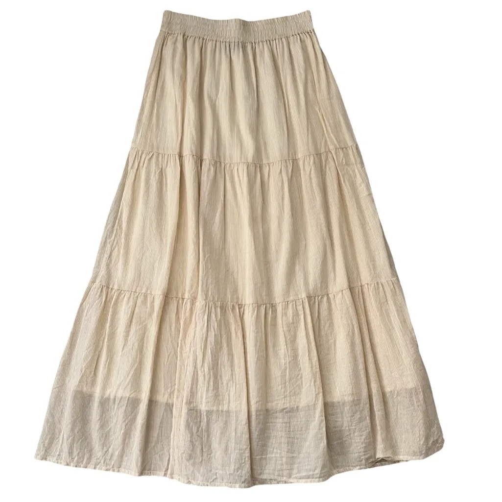 ABLE Harper Cream/White Pin Striped Three Tier Cotton Fully Lined Maxi Skirt White Size XS - Image 3