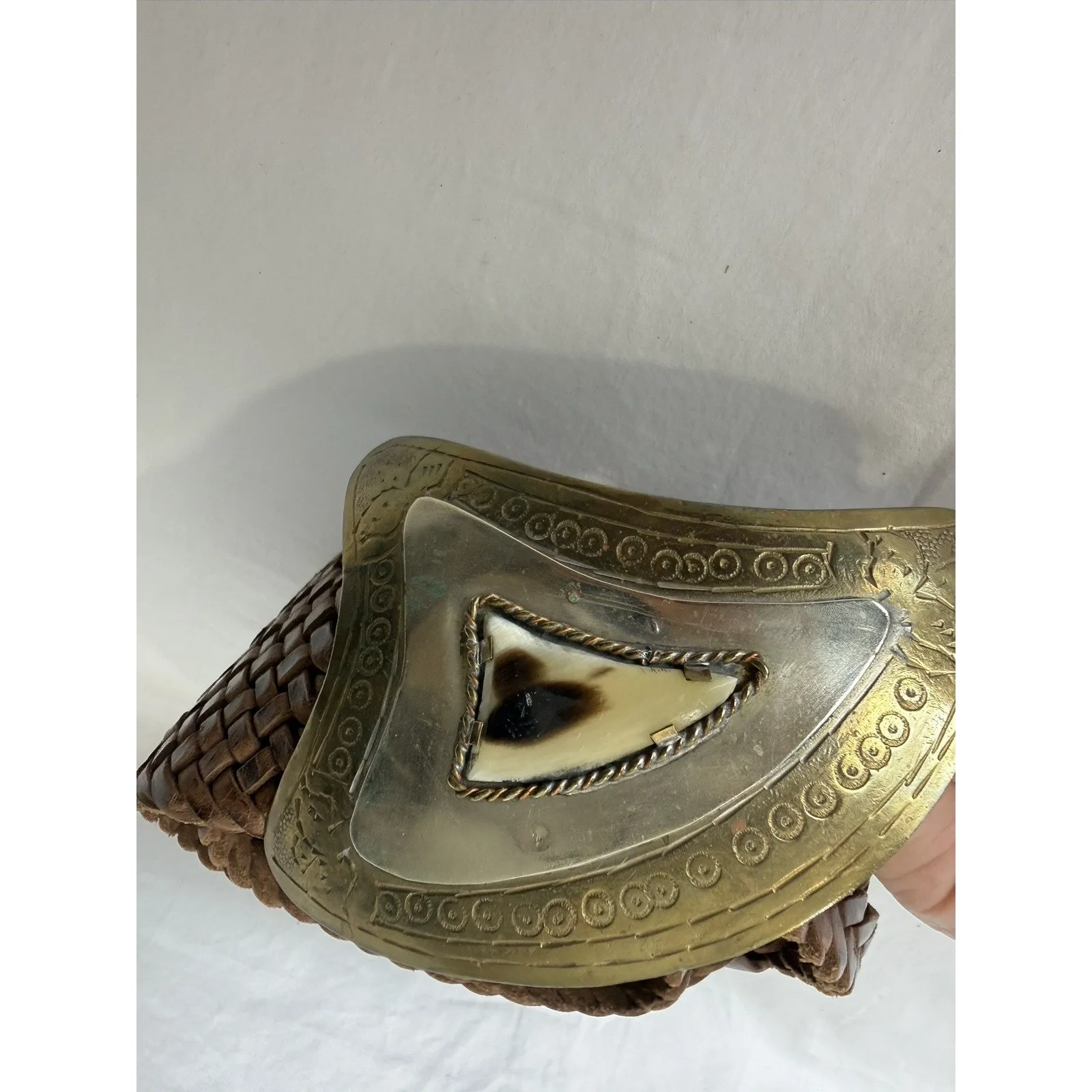 Chicos Women’s Belt Size S/M Brown Braided Leather Metal Buckle Horn Wide - Image 5