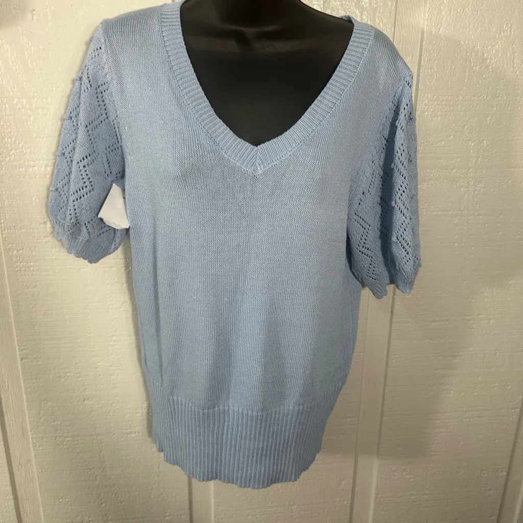 Blue V Neck Short Puff Sleeve Sweater Size Small EUC - Image 3