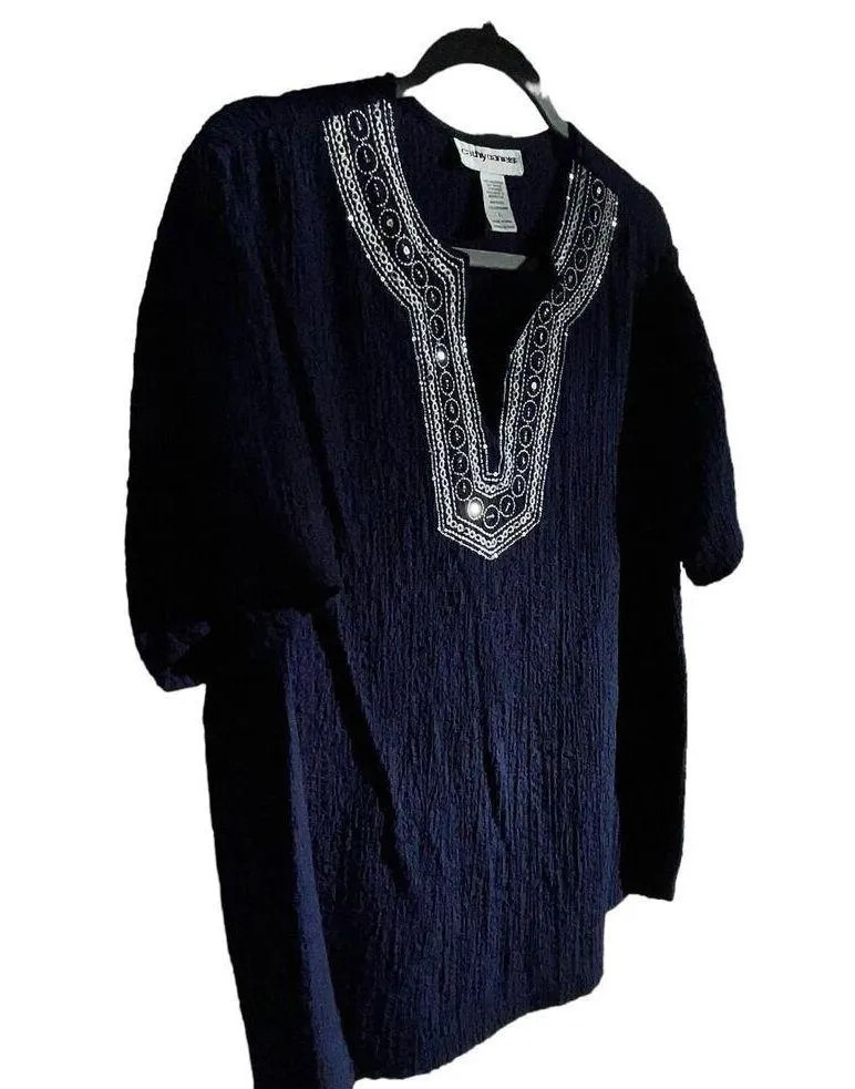 Cathy Daniel’s Women’s Elegant Navy Short Sleeve Embroidered Sequin Collar Large - Image 3