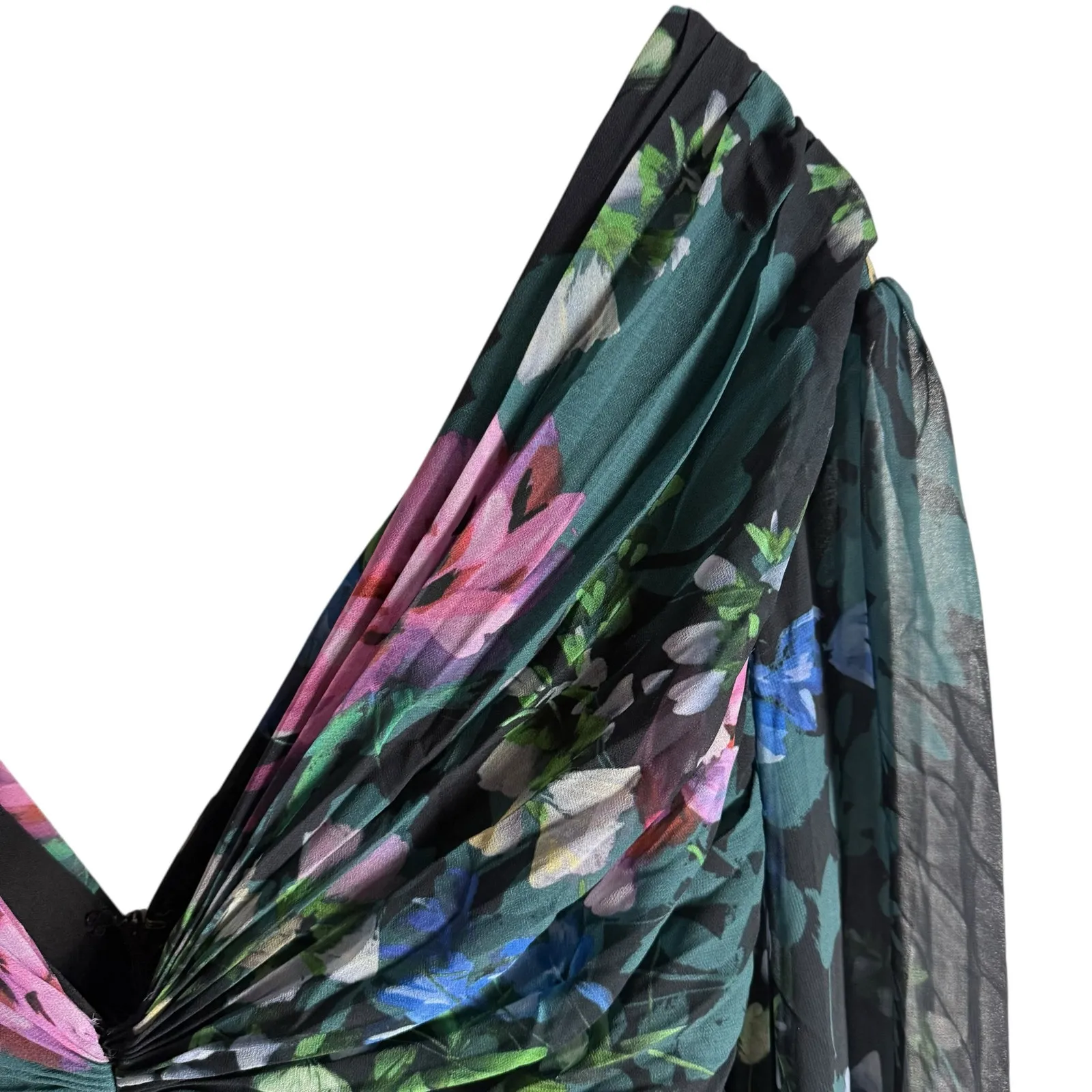 Badgley Mischka Black Floral Print Long Sleeve V-Neck Pleated Chiffon Gown 12 - Image 9