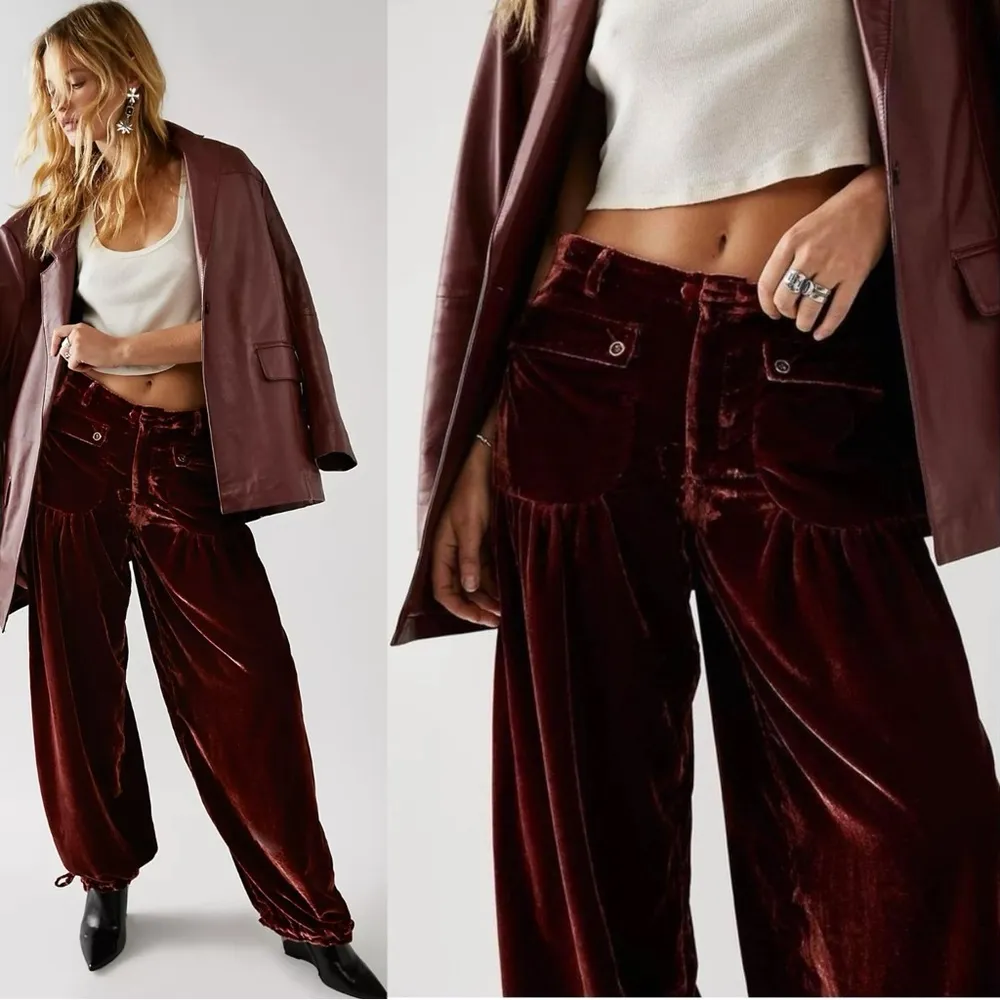 Free People 70s Lotus Crushed Velvet Pants Garnet 27 Bohemian Barrel Wide Leg - Image 2