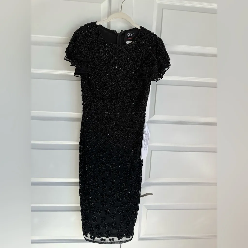 Mac Duggal 10771‎ Flounce Sleeve Floral Beaded Midi Dress Black- size  4 NwT - Image 4