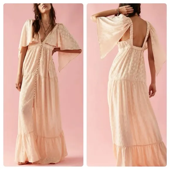 Cha Cha Maxi Dress Peach Satin Floral - Image 2