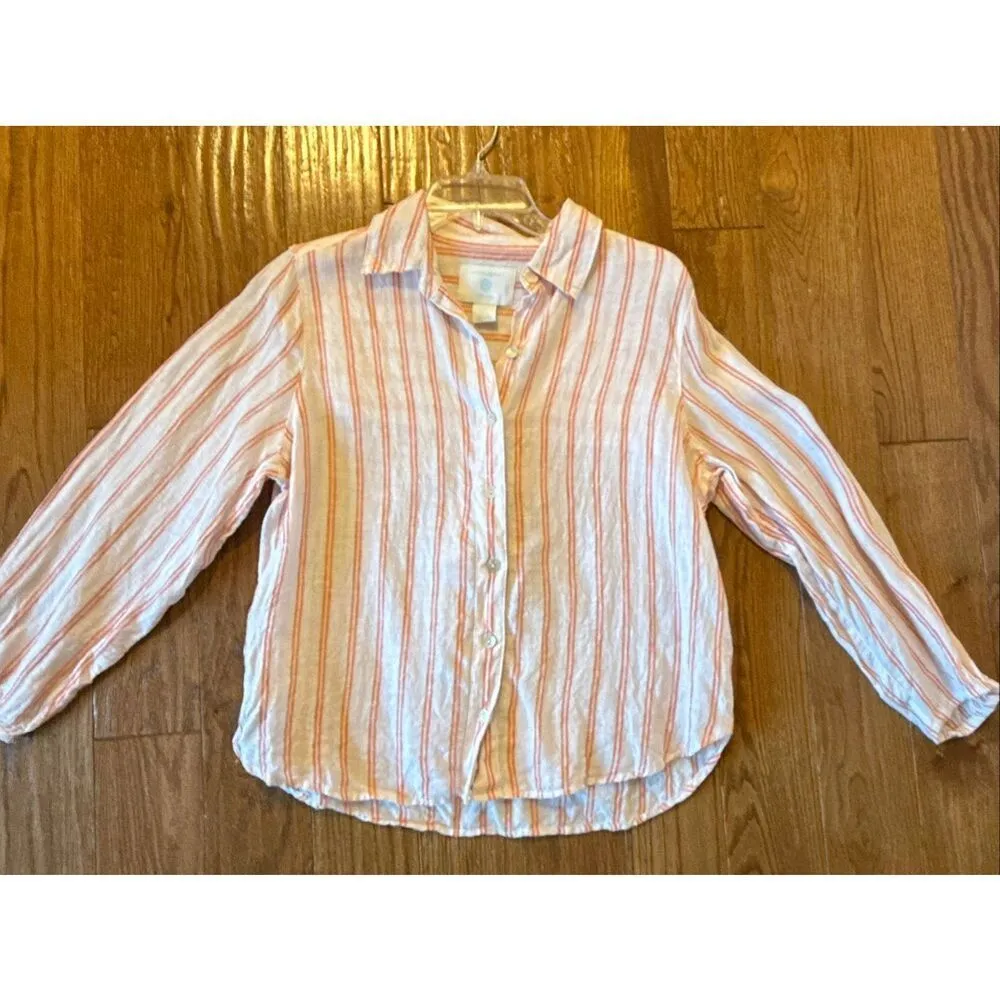 Cynthia Rowley 100% linen white and orange striped button down small - Image 7
