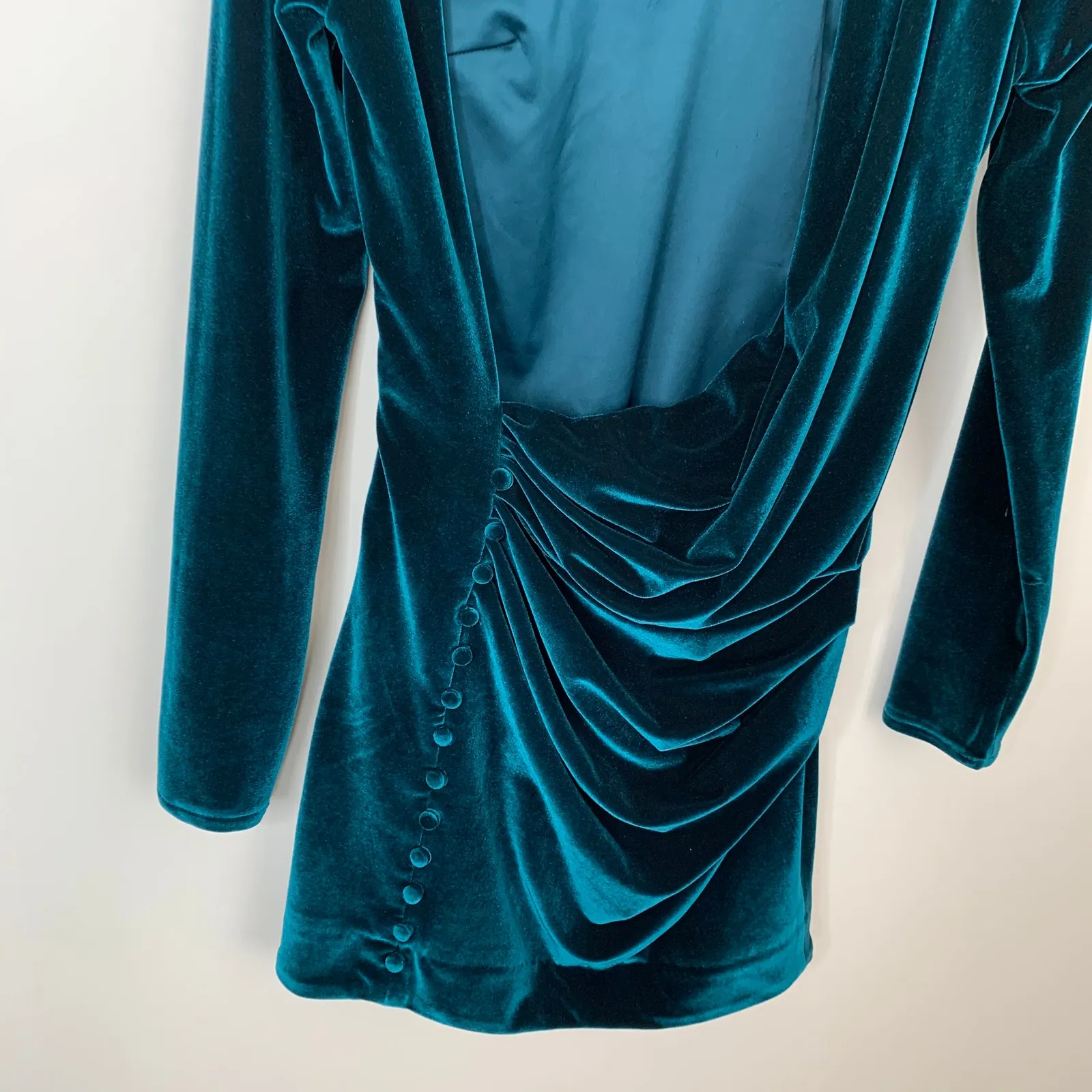 House of CB Maroush Velvet Teal Backless Mini Longsleeve Dress Womens Small - Image 14