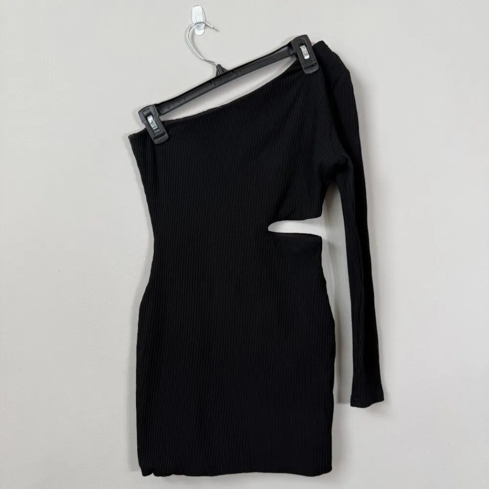 Hello Molly One Shoulder Ribbed Cut Out Mini Dress Womens 6 Black Cocktail Party - Image 3