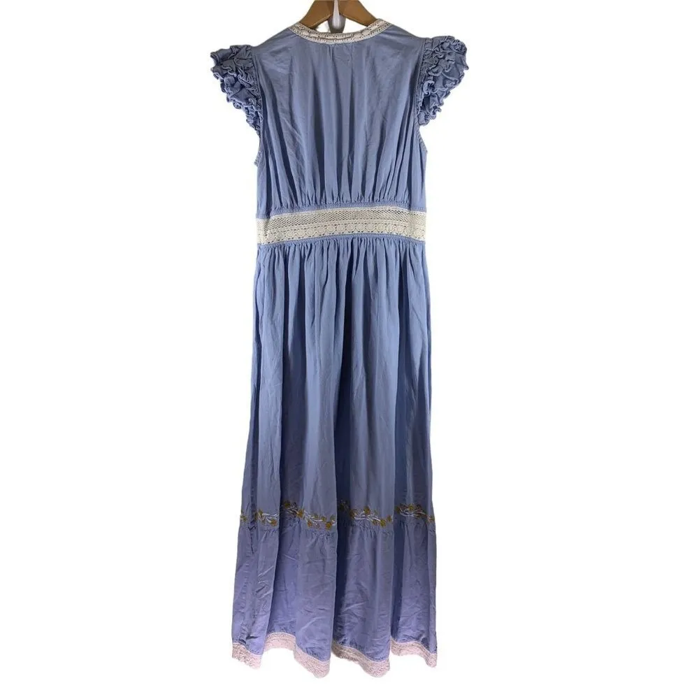 Saylor YUMI Blue Ruffle Sleeve Embroidered Linen Maxi Dress Size XL - Image 11