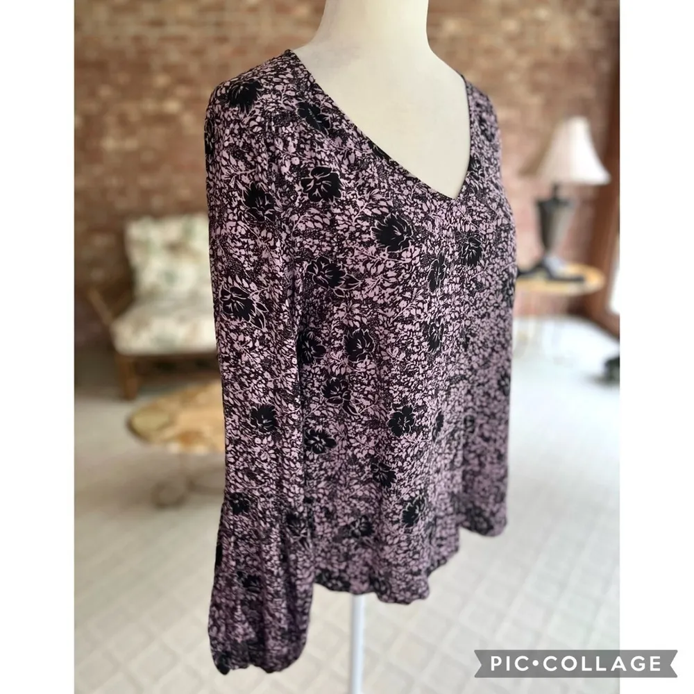 Bp Top Floral Purple Bishop Long Sleeve V-Neck Boho Chic Romantic Brunch Work - Image 12