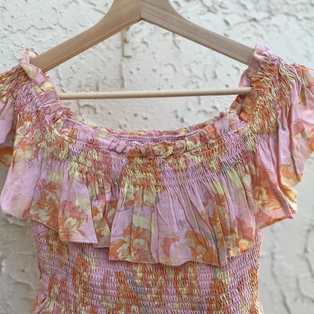 Astr floral print ruffle off- shoulder mini dress smocked bodice size M - Image 9
