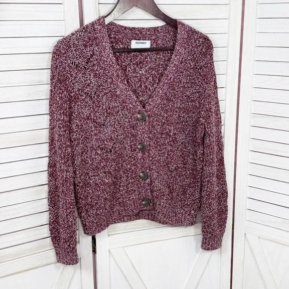 Old Navy Marled Pointelle Knit V Neck Crop Cardigan Sweater Burgundy Red Small - Image 9
